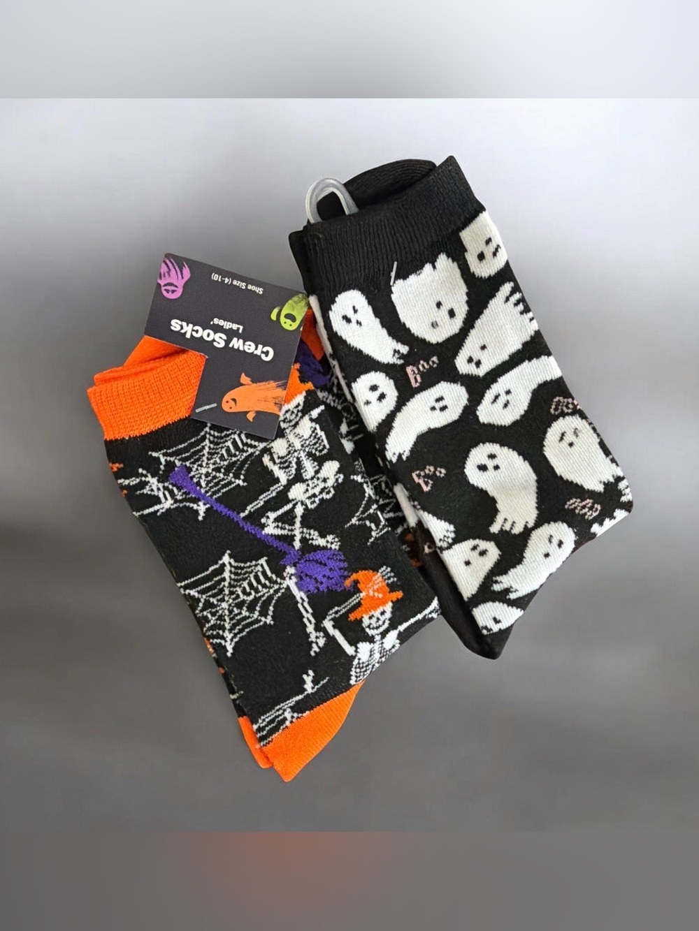 Halloween Crew Socks - Ghost & Spiderweb Designs in Black and Orange
